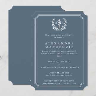 Blue-Grey MD Asclepius + Laurel Wreath Graduation Invitation
