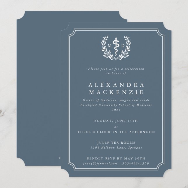 Blue-Grey MD Asclepius + Laurel Wreath Graduation Invitation (Front/Back)