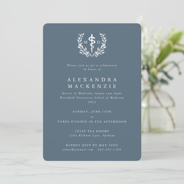 Blue-Grey MD Asclepius + Laurel Wreath Graduation Invitation (Standing Front)