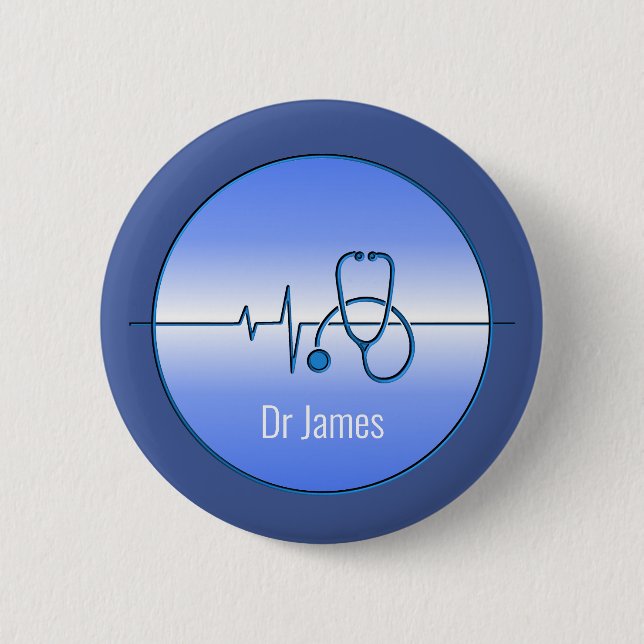 Blue Grey Medical Stethoscope Heartbeat 6 Cm Round Badge (Front)