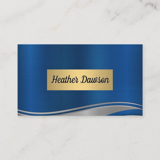 Blue Grey Metallic Wave Gold Frame Business Card (Front)