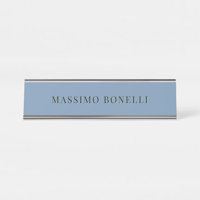 Blue Grey Minimalist Plain Legible Modern Desk Name Plate (Front)