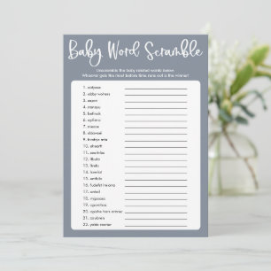 Blue grey modern baby shower word scramble game invitation