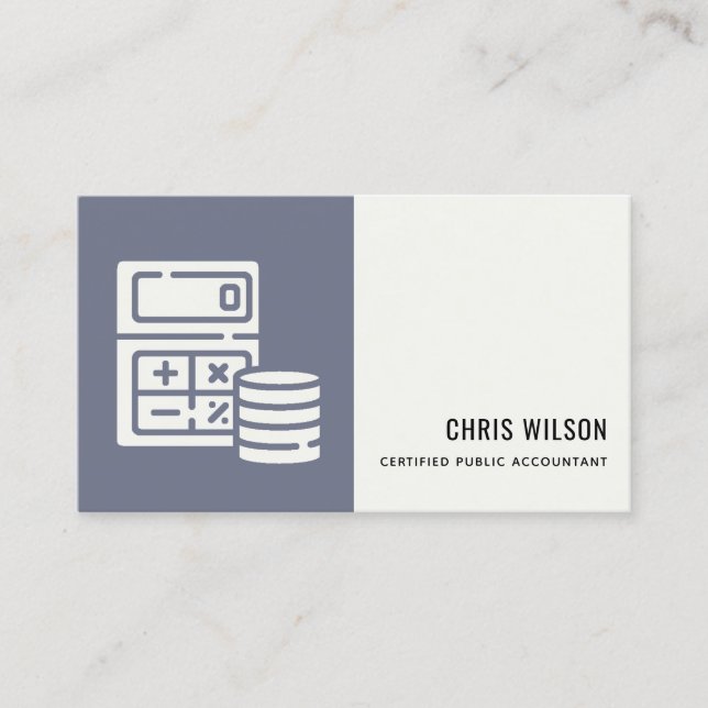 BLUE GREY MODERN CALCULATOR COIN ACCOUNTING ICON BUSINESS CARD (Front)