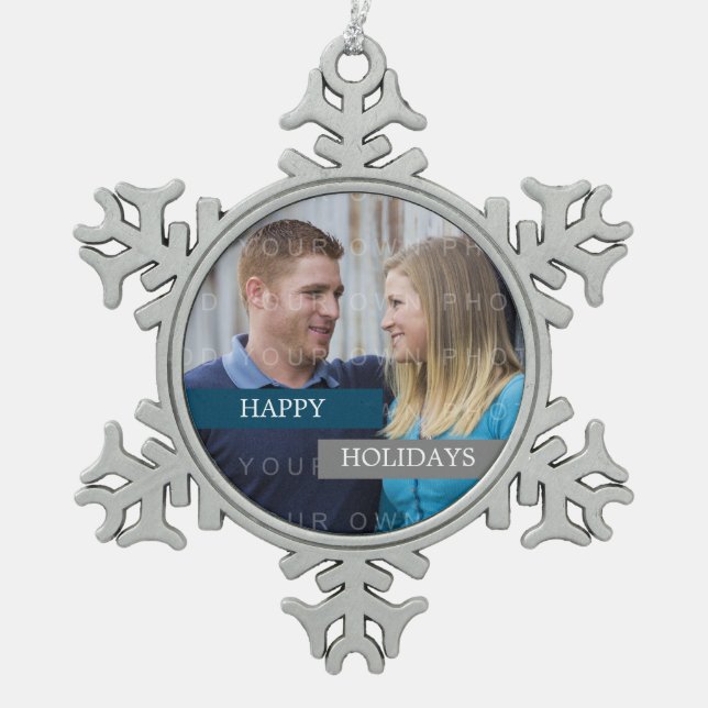 Blue Grey Modern Photo Snowflake Ornament (Front)