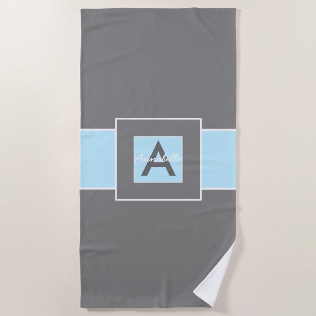 Blue Grey Monogram Personalised Beach Towel (Front)