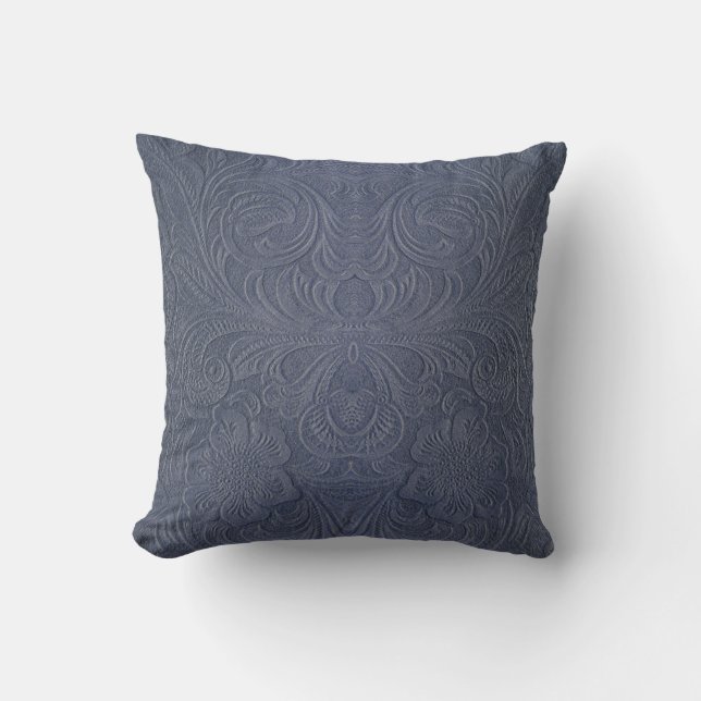 Blue-Grey Monotones Floral Suede Leather Look Cushion (Front)