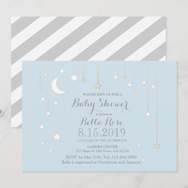 Blue Grey Moon Star Boy Baby Shower Invite (Front/Back)