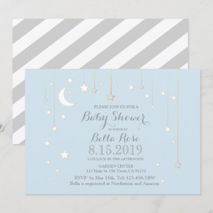 Blue Grey Moon Star Boy Baby Shower Invite
