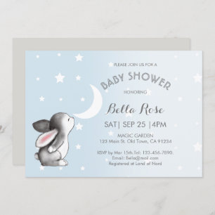 Blue Grey Moon Stars Bunny Baby Shower Invitations