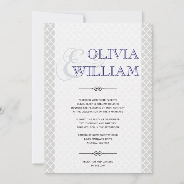 Blue grey Moroccan tile ampersand modern wedding Invitation (Front)