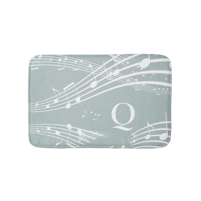 Blue Grey Music Notes Monogram Bath Mat (Front)