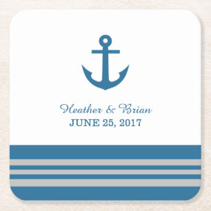 Blue Grey Nautical Anchor Wedding Paper Coasters
