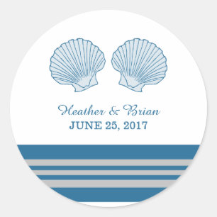 Blue Grey Nautical Seashells Wedding Stickers