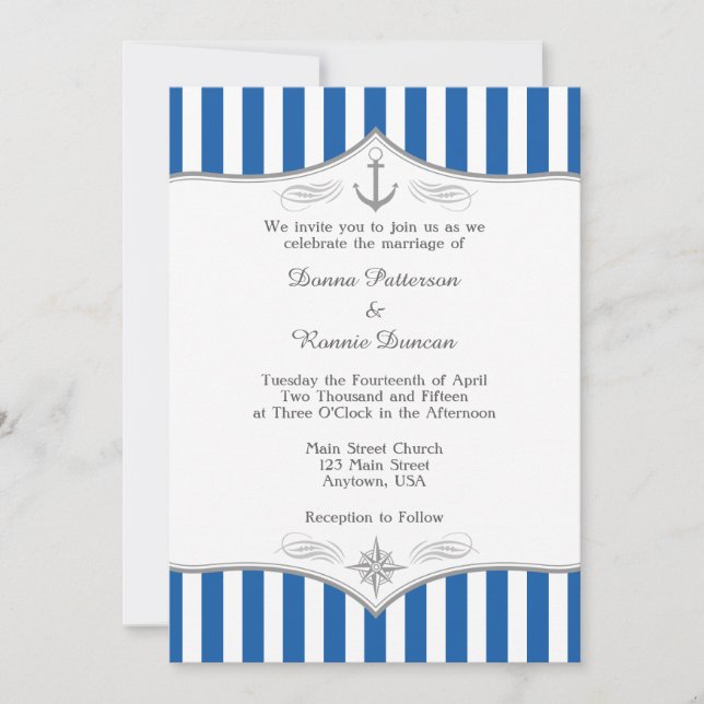 Blue Grey Nautical Wedding Invitation (Front)