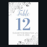 Blue Grey on White Elegant Frilly Wedding Table Number<br><div class="desc">These beautiful wedding table number cards feature a simple yet elegant design with light blue grey script calligraphy on a white background with a frilly silver faux foil floral filigree in the corners. Perfect way to make your wedding reception beautiful and help your guests find the right table at the...</div>