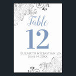 Blue Grey on White Elegant Frilly Wedding Table Number<br><div class="desc">These beautiful wedding table number cards feature a simple yet elegant design with light blue grey script calligraphy on a white background with a frilly silver faux foil floral filigree in the corners. Perfect way to make your wedding reception beautiful and help your guests find the right table at the...</div>