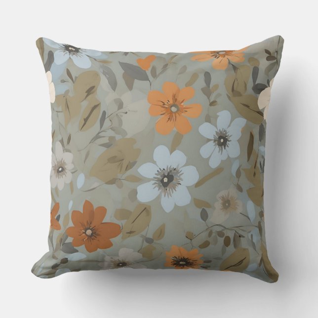 Blue Grey Orange Brown Modern Floral Cushion (Front)