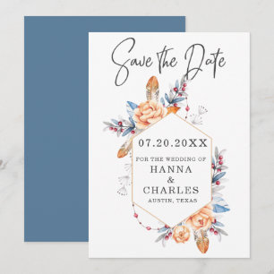 Blue Grey Orange Floral Geometric Frame Wedding  Save The Date