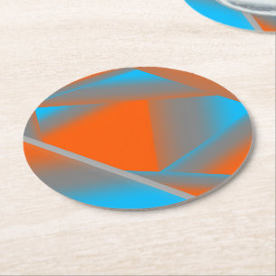 Blue Grey Orange Ombre Geometric Abstract Art Round Paper Coaster