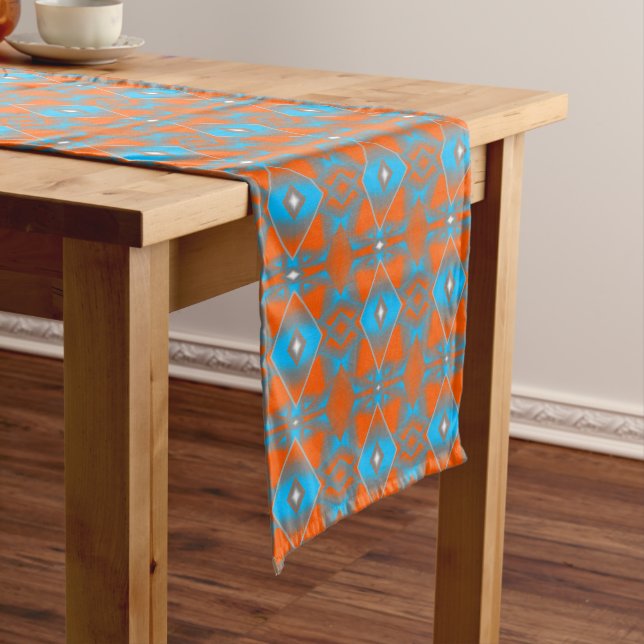 Blue Grey Orange Ombre Geometric Abstract Art Short Table Runner (In Situ)