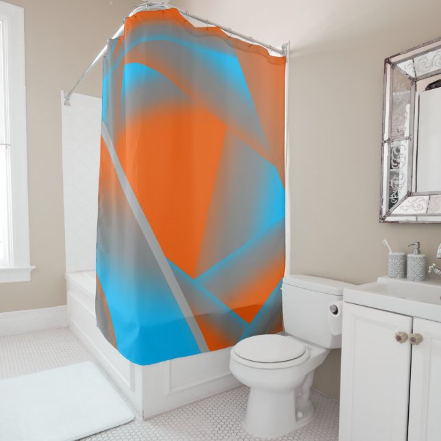 Blue Grey Orange Ombre Geometric Abstract Art Shower Curtain (In Situ)