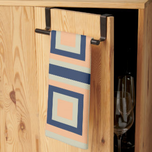Blue Grey Orange Squares Geometric Pattern Tea Towel