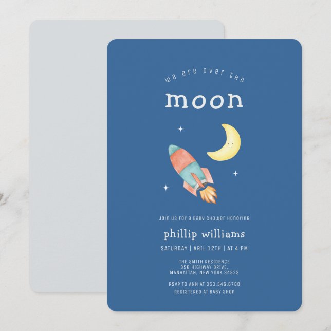 Blue Grey Over The Moon Rocket Baby Shower Invitation (Front/Back)