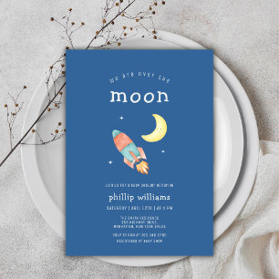 Blue Grey Over The Moon Rocket Baby Shower Invitation
