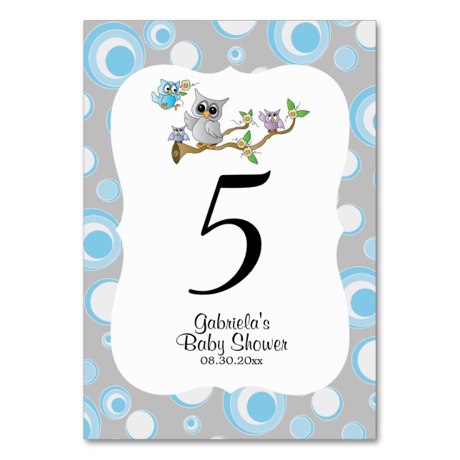 Blue & Grey Owl Baby Shower Theme Table Numbers (Front)