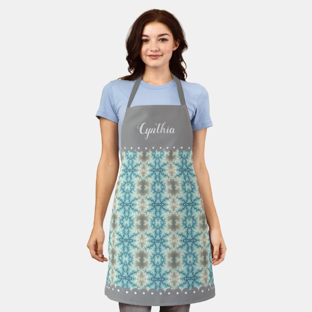 Blue, grey pattern of abstract fractal snowflakes apron (Worn)