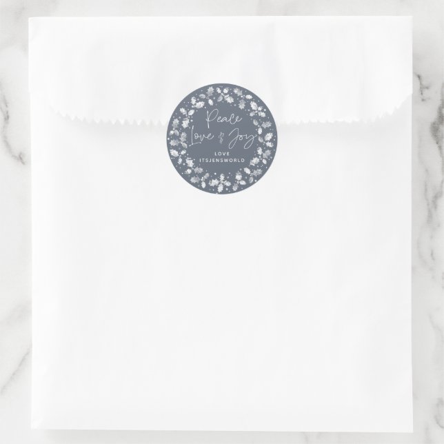 Blue-Grey Peace Love+Joy Holly Wreath Classic Round Sticker (Bag)