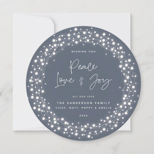 Blue-Grey Peace Love+Joy Script Sparkling Lights Holiday Card (Front)