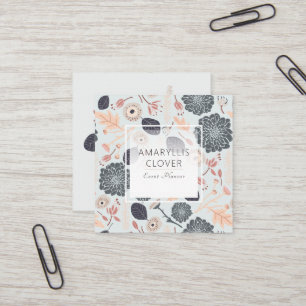 Blue Grey Peach Playful Mix Tossed Flowers Square Business Card