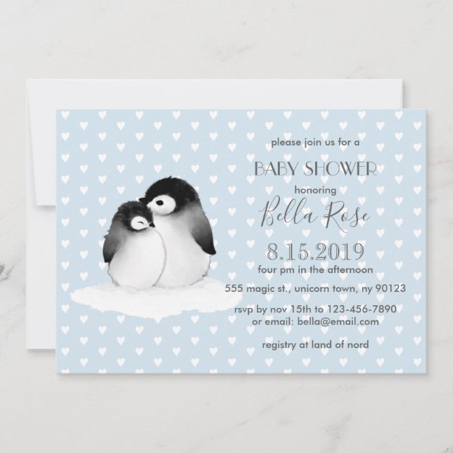 Blue Grey Penguins Hearts Baby Shower Invitation (Front)