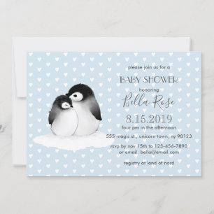 Blue Grey Penguins Hearts Baby Shower Invitation