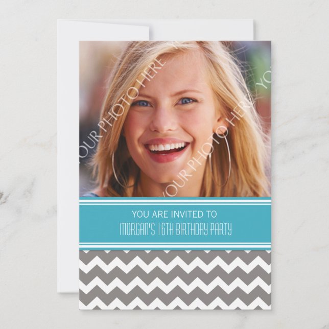 Blue Grey Photo 16th Birthday Party Invitations (Front)