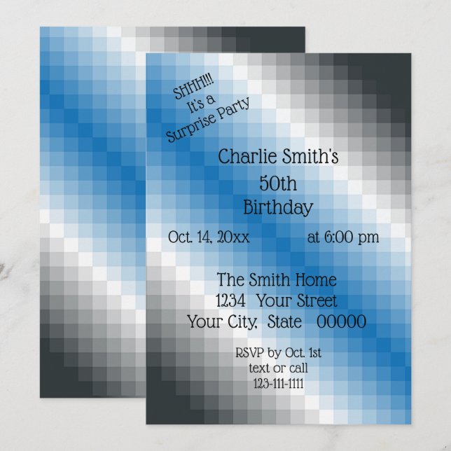 Blue Grey Pixel Party Invitation (Front/Back)