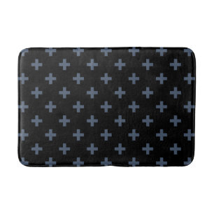 Blue-grey polka crosses on black bath mat