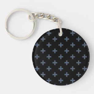 Blue-grey polka crosses on black key ring