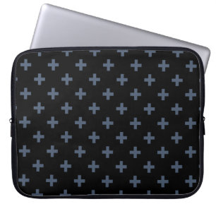 Blue-grey polka crosses on black laptop sleeve