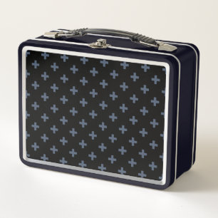 Blue-grey polka crosses on black metal lunch box