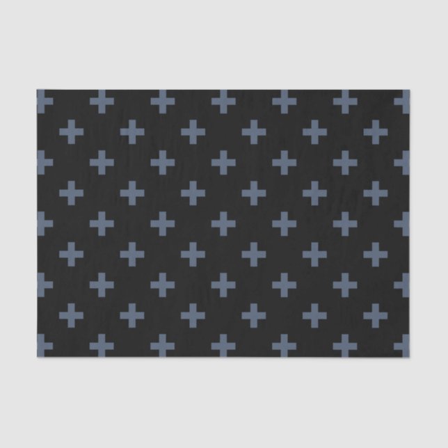 Blue-grey polka crosses on black tissue paper (Front)