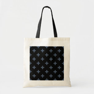Blue-grey polka crosses on black tote bag