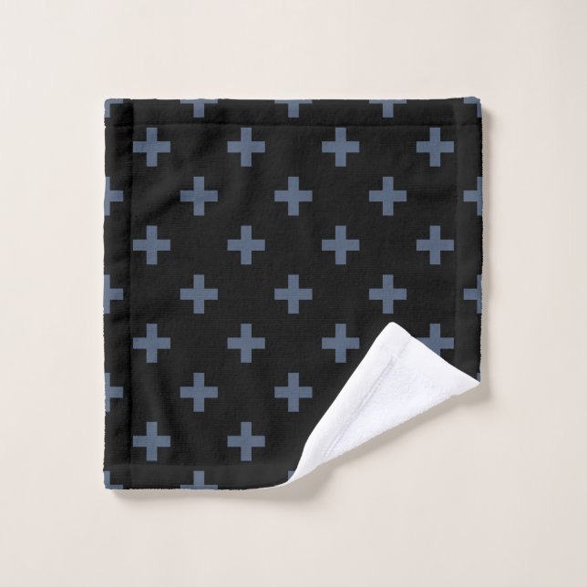 Blue-grey polka crosses on black wash cloth (Wash Cloth)