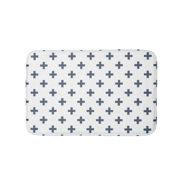 Blue-grey polka crosses on white bath mat (Front)