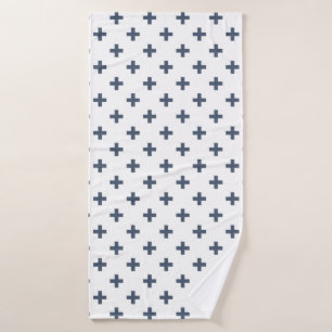 Blue-grey polka crosses on white bath towel