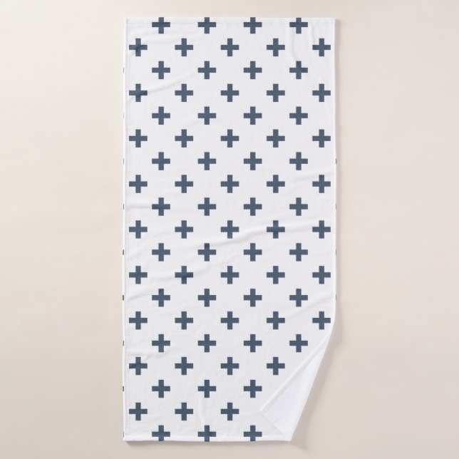 Blue-grey polka crosses on white bath towel (Bath Towel)