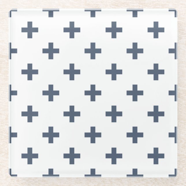 Blue-grey polka crosses on white glass coaster (Front)