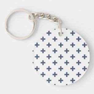 Blue-grey polka crosses on white key ring